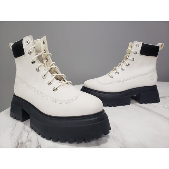 NEW SZ 10 TIMBERLAND Sky 6-Inch Lace Up White‎ Nubuck Platform Boots Punk Grunge - Picture 1 of 10